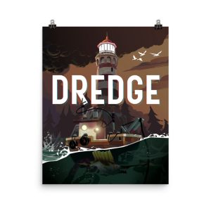 The now iconic DREDGE Key Art at poster size. Incorporating the tugboat, the Lighthouse of Greater Marrow, and aberrations hidden in the depths. Sized at 12″x16″ (30.5cm x 40.5cm)