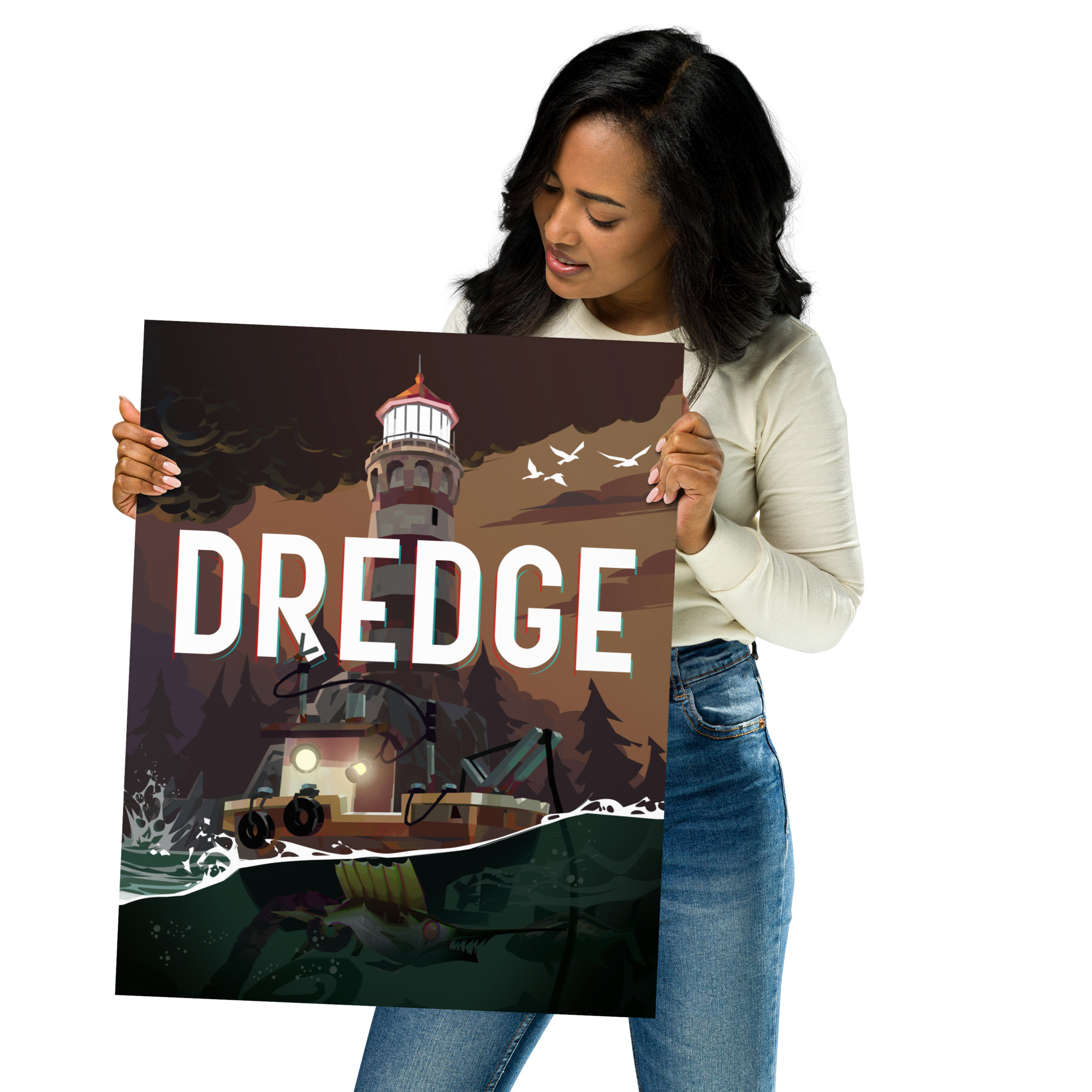 The now iconic DREDGE Key Art at poster size. Incorporating the tugboat, the Lighthouse of Greater Marrow, and aberrations hidden in the depths. Sized at 12″x16″ (30.5cm x 40.5cm)