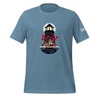 This is a DREDGE tshirt. The lighthouse has never looked cuter, featured front and center on a blue tee.