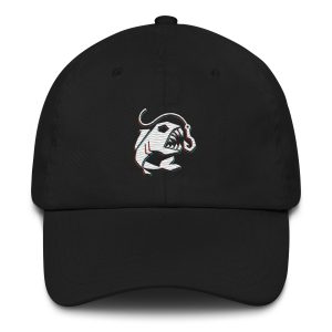 Black cap with a white DREDGE fish icon with a hook