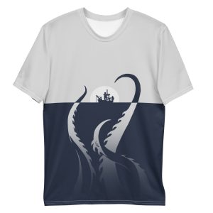 Dredge all over print front view of the tshirt with the tentacles appears from the sea and surrounding the boat