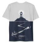 Dredge all over print back view of the tshirt with the lighthouse from The Marrows and treasure chest under the sea