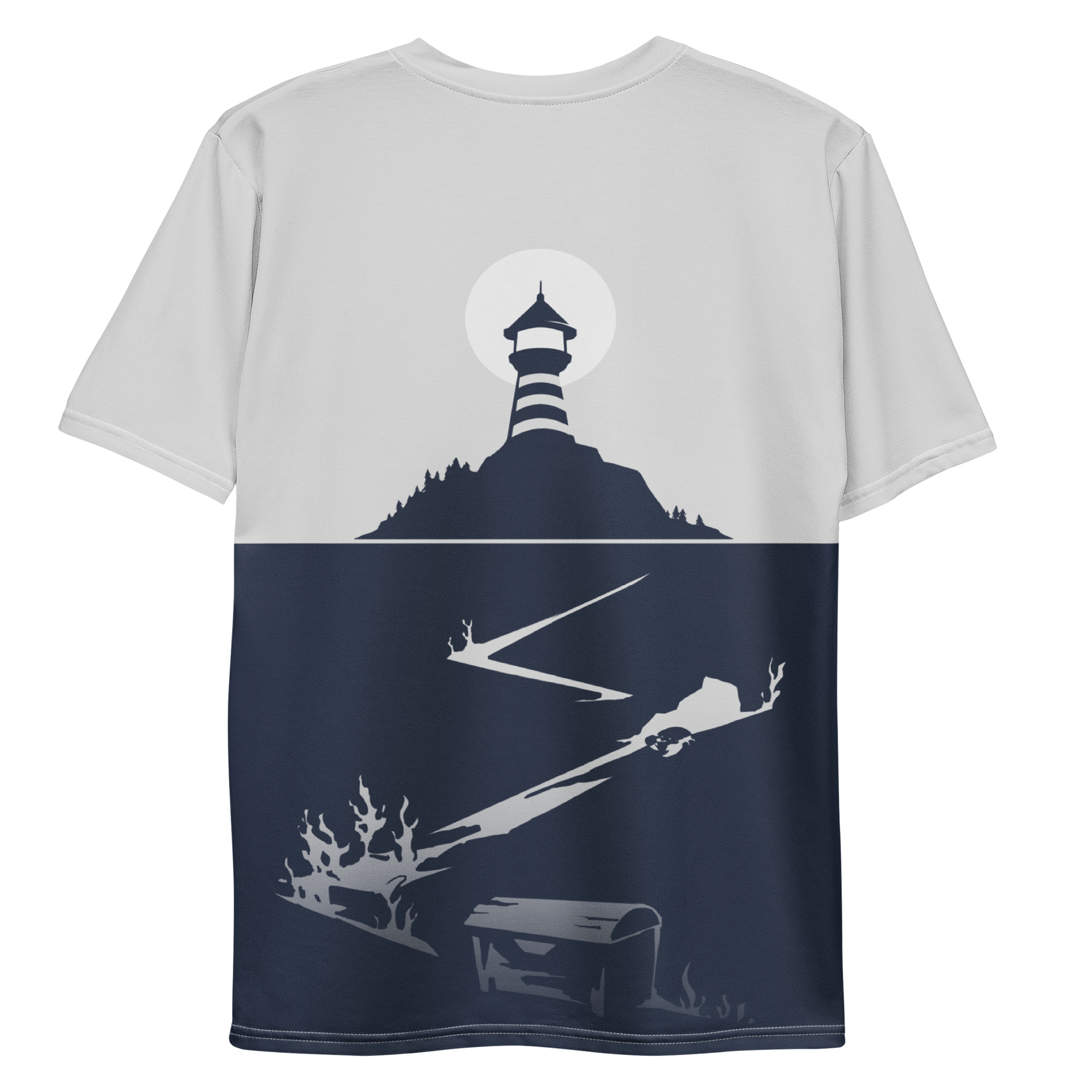 Dredge all over print back view of the tshirt with the lighthouse from The Marrows and treasure chest under the sea